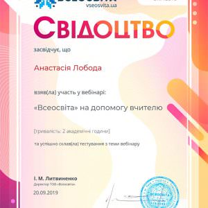 Свідоцтво - Лобода Анастасія Вікторівна, викладач ZNOGRANT